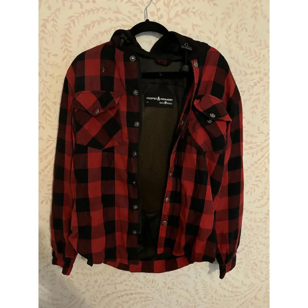Road Armor by Skull Riderz Red Checkered Flannel Hoodie Shirt - Picture 2 of 8